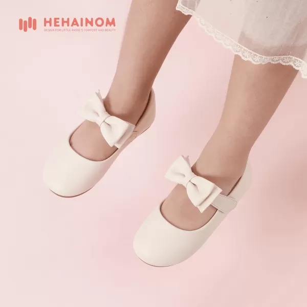 Hehainom Toddler Flower Girls Dress Shoes Mary Jane Princess Ballet Flats with Bow and Peals for Party SchoolAlisa Beige Pu