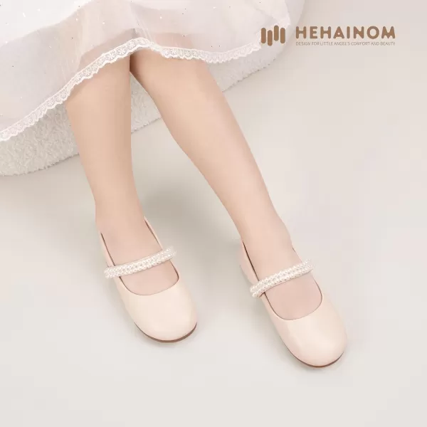 Hehainom Toddler Flower Girls Dress Shoes Mary Jane Princess Ballet Flats with Bow and Peals for Party SchoolBeige Pu