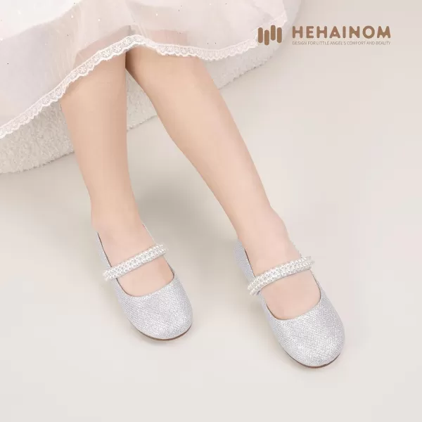 Hehainom Toddler Flower Girls Dress Shoes Mary Jane Princess Ballet Flats with Bow and Peals for Party SchoolSilver Glitter