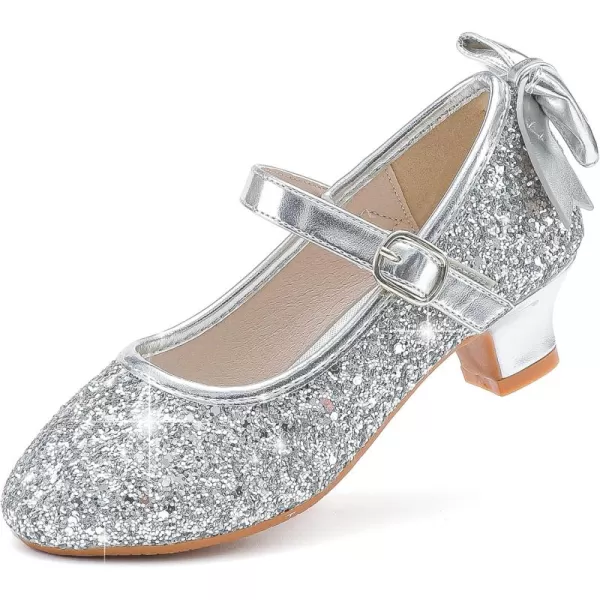 Dufannie Girls Dress Shoes Low Heel Princess Flats Mary Jane Flower Wedding Party Glitter Shoes for Kids ToddlerElegant Sequin Silver