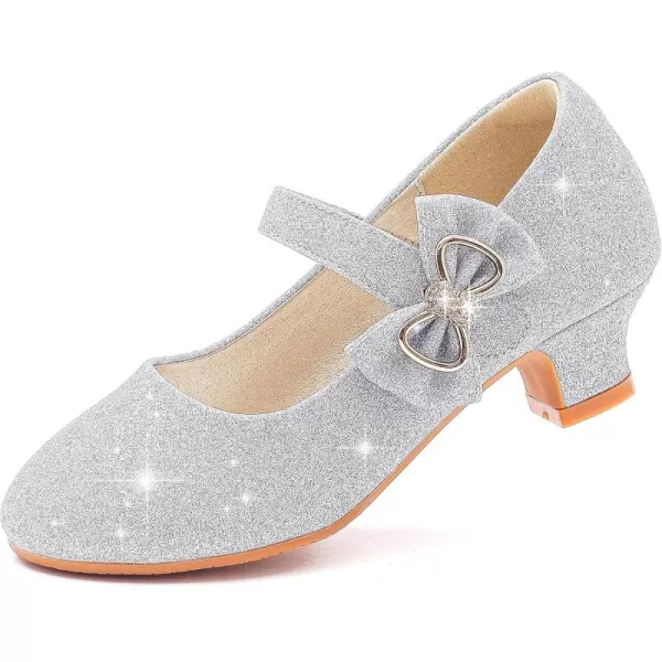 Dufannie Girls Dress Shoes Low Heel Princess Flats Mary Jane Flower Wedding Party Glitter Shoes for Kids ToddlerGenerous Shimmer Silver