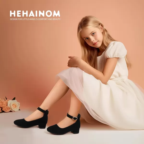 Hehainom Girls Dress Shoes Ankle Strap Flower Girl Heels for Little Big Kids Wedding Church Party ShoesBlacknubuck