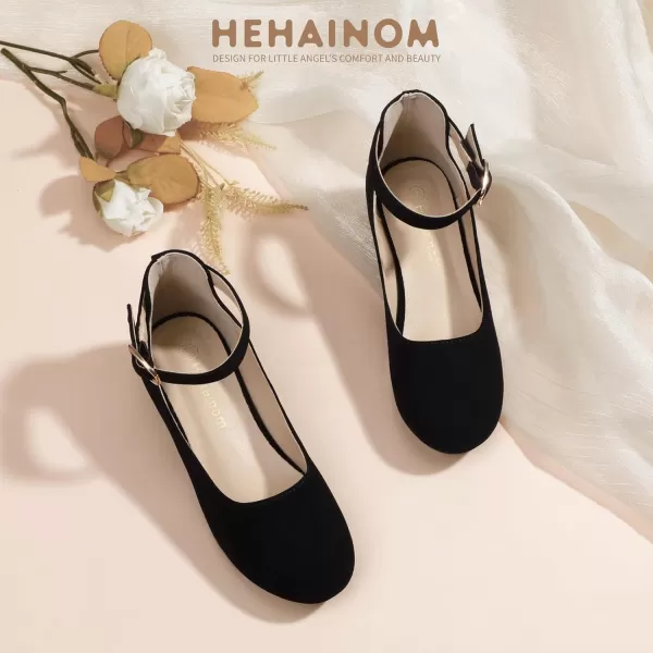 Hehainom Girls Dress Shoes Ankle Strap Flower Girl Heels for Little Big Kids Wedding Church Party ShoesBlacknubuck