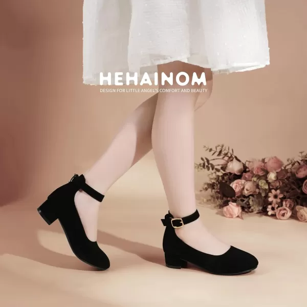 Hehainom Girls Dress Shoes Ankle Strap Flower Girl Heels for Little Big Kids Wedding Church Party ShoesBlacknubuck