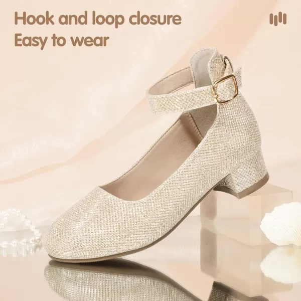 Hehainom Girls Dress Shoes Ankle Strap Flower Girl Heels for Little Big Kids Wedding Church Party ShoesGoldglitter
