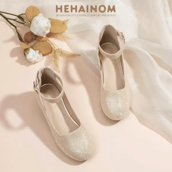 Hehainom Girls Dress Shoes Ankle Strap Flower Girl Heels for Little Big Kids Wedding Church Party ShoesGoldglitter