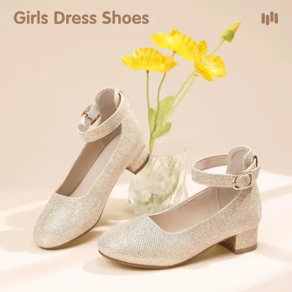 Hehainom Girls Dress Shoes Ankle Strap Flower Girl Heels for Little Big Kids Wedding Church Party ShoesGoldglitter