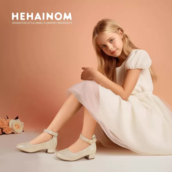 Hehainom Girls Dress Shoes Ankle Strap Flower Girl Heels for Little Big Kids Wedding Church Party ShoesGoldglitter