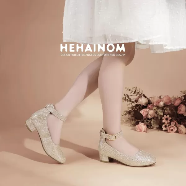 Hehainom Girls Dress Shoes Ankle Strap Flower Girl Heels for Little Big Kids Wedding Church Party ShoesGoldglitter