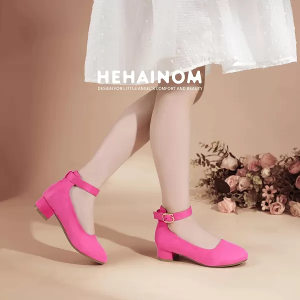 Hehainom Girls Dress Shoes Ankle Strap Flower Girl Heels for Little Big Kids Wedding Church Party ShoesHotpinksuede
