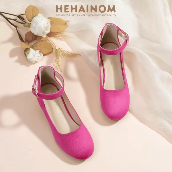 Hehainom Girls Dress Shoes Ankle Strap Flower Girl Heels for Little Big Kids Wedding Church Party ShoesHotpinksuede