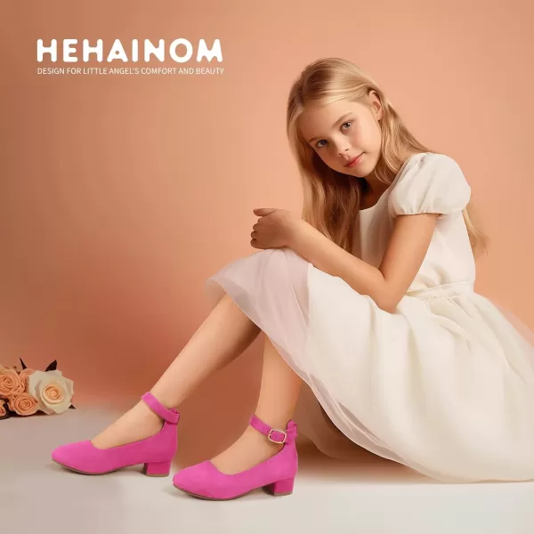 Hehainom Girls Dress Shoes Ankle Strap Flower Girl Heels for Little Big Kids Wedding Church Party ShoesHotpinksuede