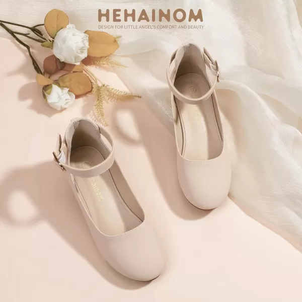 Hehainom Girls Dress Shoes Ankle Strap Flower Girl Heels for Little Big Kids Wedding Church Party ShoesNudenubuck