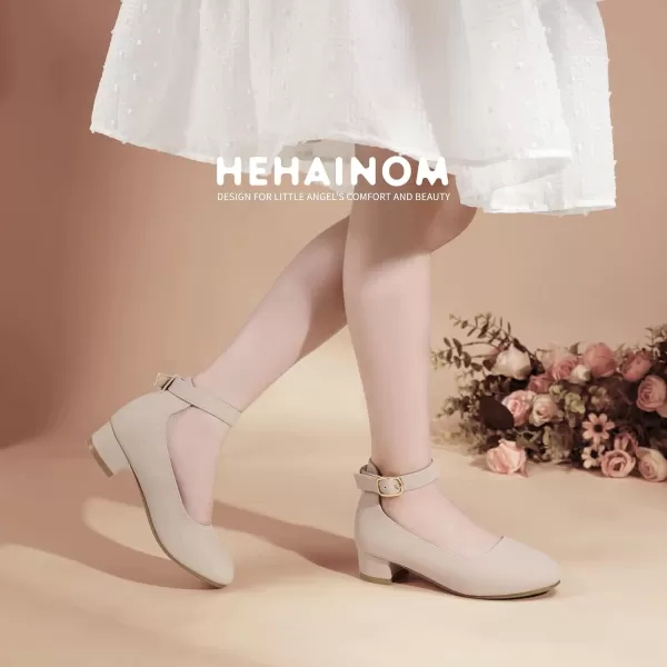 Hehainom Girls Dress Shoes Ankle Strap Flower Girl Heels for Little Big Kids Wedding Church Party ShoesNudenubuck