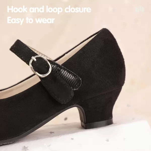 Hehainom Girls Mary Jane Dress Shoes Rhinestones Bows Flower Girl Wedding Princess Low Heels Toddler Little Kids Pump ShoesBlacksuede