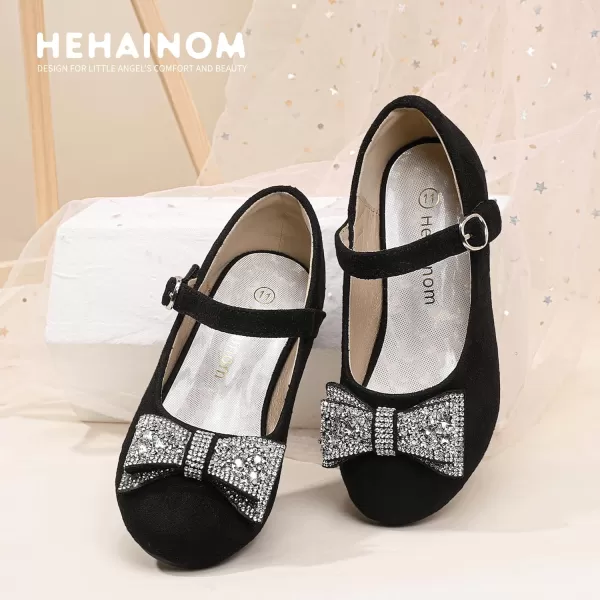 Hehainom Girls Mary Jane Dress Shoes Rhinestones Bows Flower Girl Wedding Princess Low Heels Toddler Little Kids Pump ShoesBlacksuede