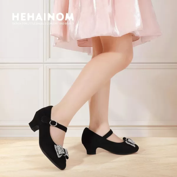Hehainom Girls Mary Jane Dress Shoes Rhinestones Bows Flower Girl Wedding Princess Low Heels Toddler Little Kids Pump ShoesBlacksuede