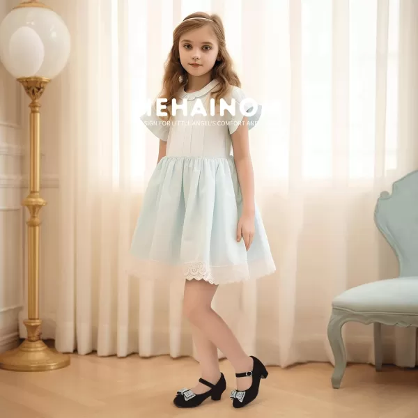 Hehainom Girls Mary Jane Dress Shoes Rhinestones Bows Flower Girl Wedding Princess Low Heels Toddler Little Kids Pump ShoesBlacksuede