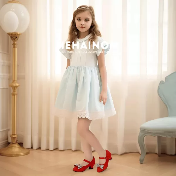 Hehainom Girls Mary Jane Dress Shoes Rhinestones Bows Flower Girl Wedding Princess Low Heels Toddler Little Kids Pump ShoesRedsuede