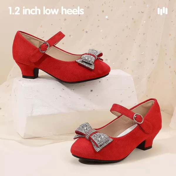 Hehainom Girls Mary Jane Dress Shoes Rhinestones Bows Flower Girl Wedding Princess Low Heels Toddler Little Kids Pump ShoesRedsuede