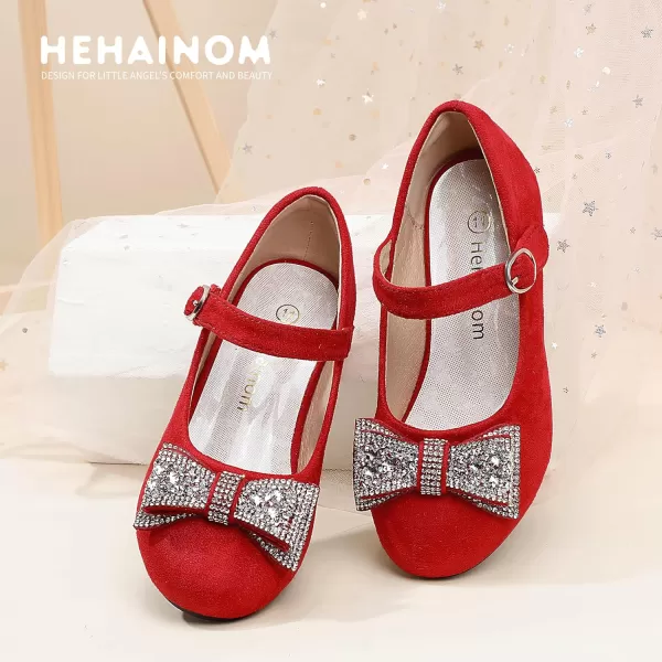 Hehainom Girls Mary Jane Dress Shoes Rhinestones Bows Flower Girl Wedding Princess Low Heels Toddler Little Kids Pump ShoesRedsuede