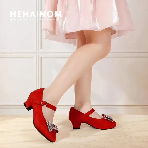 Hehainom Girls Mary Jane Dress Shoes Rhinestones Bows Flower Girl Wedding Princess Low Heels Toddler Little Kids Pump ShoesRedsuede