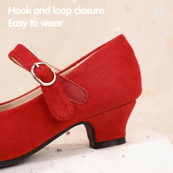 Hehainom Girls Mary Jane Dress Shoes Rhinestones Bows Flower Girl Wedding Princess Low Heels Toddler Little Kids Pump ShoesRedsuede