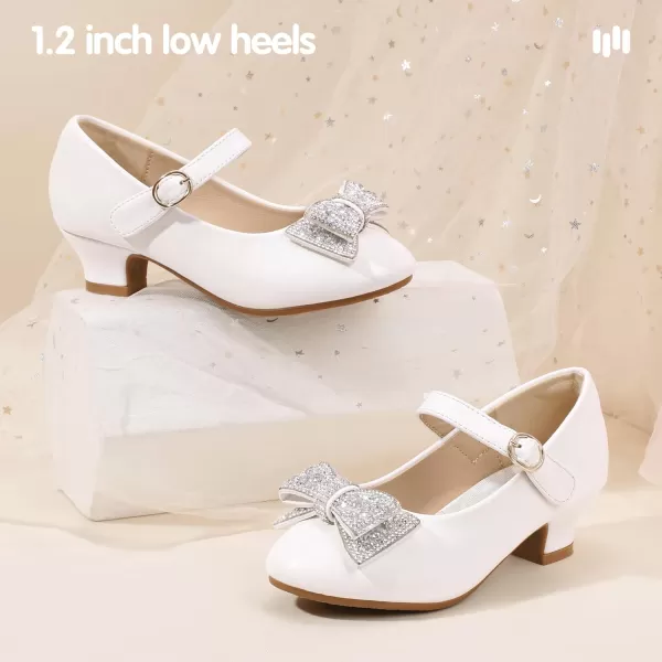 Hehainom Girls Mary Jane Dress Shoes Rhinestones Bows Flower Girl Wedding Princess Low Heels Toddler Little Kids Pump ShoesWhitepu