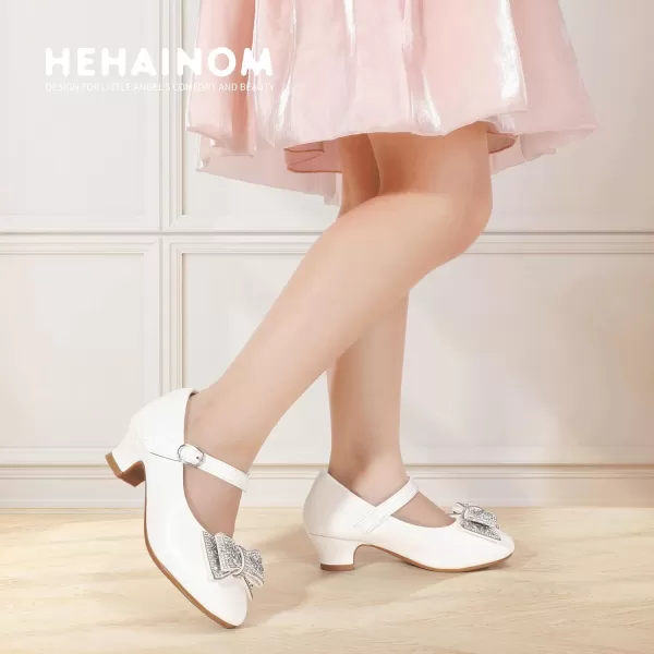 Hehainom Girls Mary Jane Dress Shoes Rhinestones Bows Flower Girl Wedding Princess Low Heels Toddler Little Kids Pump ShoesWhitepu