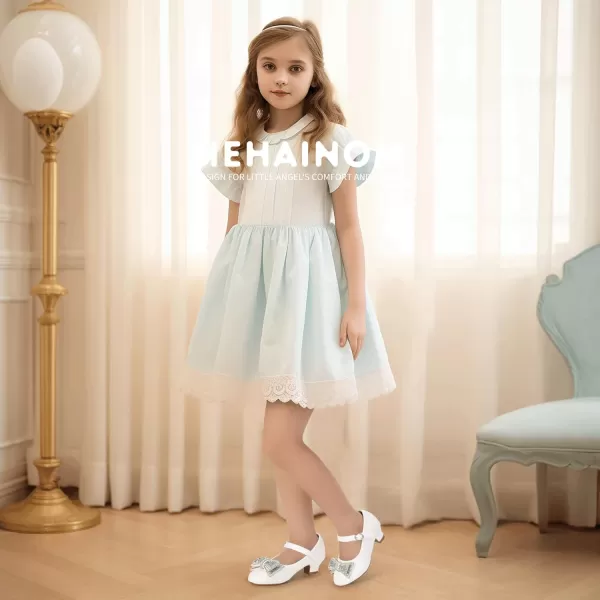 Hehainom Girls Mary Jane Dress Shoes Rhinestones Bows Flower Girl Wedding Princess Low Heels Toddler Little Kids Pump ShoesWhitepu