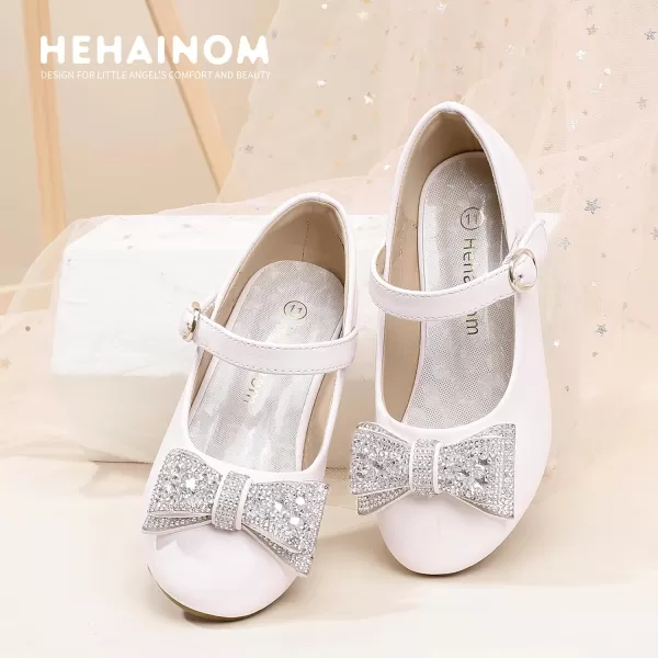 Hehainom Girls Mary Jane Dress Shoes Rhinestones Bows Flower Girl Wedding Princess Low Heels Toddler Little Kids Pump ShoesWhitepu