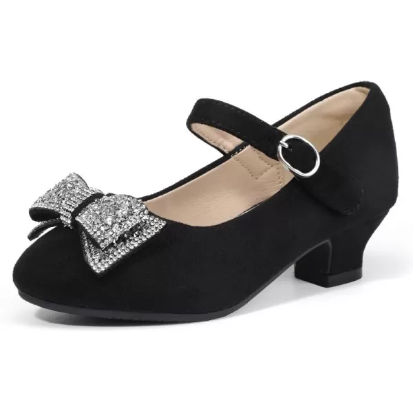 Hehainom Girls Mary Jane Dress Shoes Rhinestones Bows Flower Girl Wedding Princess Low Heels Toddler Little Kids Pump ShoesBlacksuede