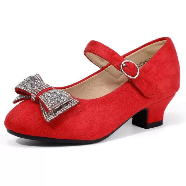 Hehainom Girls Mary Jane Dress Shoes Rhinestones Bows Flower Girl Wedding Princess Low Heels Toddler Little Kids Pump ShoesRedsuede