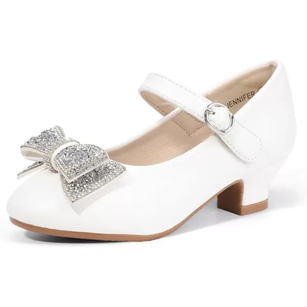 Hehainom Girls Mary Jane Dress Shoes Rhinestones Bows Flower Girl Wedding Princess Low Heels Toddler Little Kids Pump ShoesWhitepu