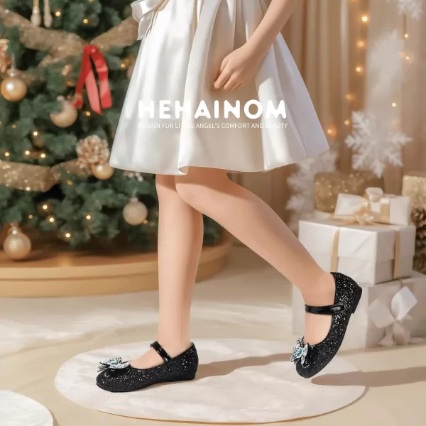Hehainom Toddler Dress Shoes Mary Jane Ballet Flats Sparkly Bow Little Kid Girls Wedding Party ShoesBlack Sequin