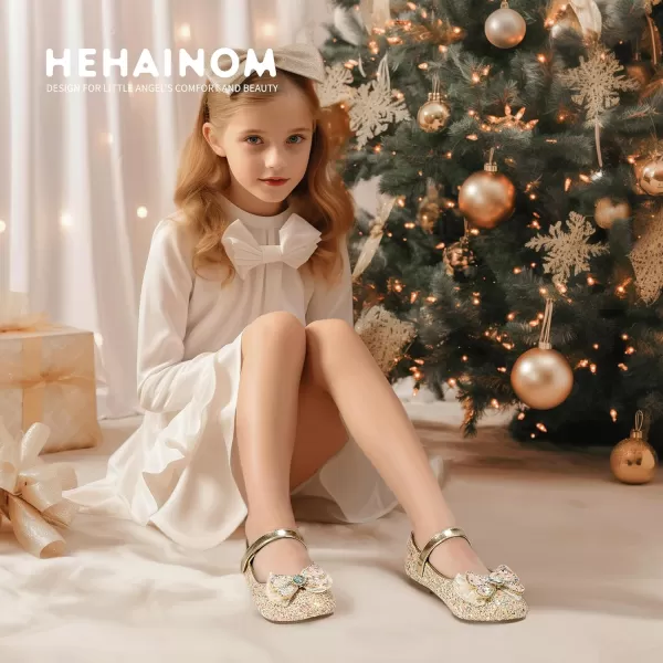 Hehainom Toddler Dress Shoes Mary Jane Ballet Flats Sparkly Bow Little Kid Girls Wedding Party ShoesGold Sequin