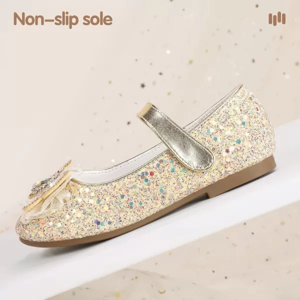 Hehainom Toddler Dress Shoes Mary Jane Ballet Flats Sparkly Bow Little Kid Girls Wedding Party ShoesGold Sequin