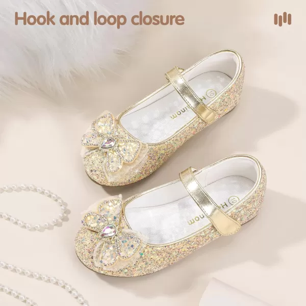 Hehainom Toddler Dress Shoes Mary Jane Ballet Flats Sparkly Bow Little Kid Girls Wedding Party ShoesGold Sequin