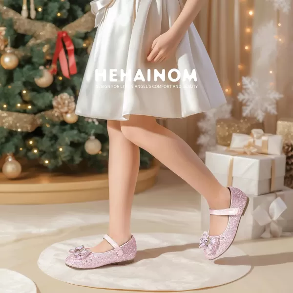 Hehainom Toddler Dress Shoes Mary Jane Ballet Flats Sparkly Bow Little Kid Girls Wedding Party ShoesPink Sequin