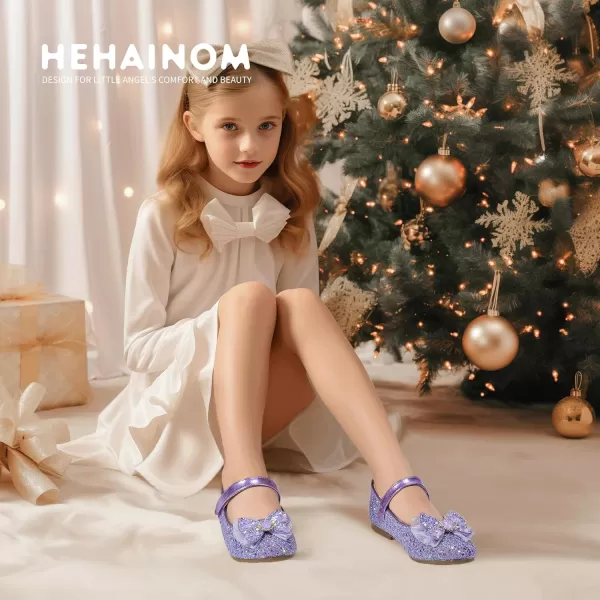 Hehainom Toddler Dress Shoes Mary Jane Ballet Flats Sparkly Bow Little Kid Girls Wedding Party ShoesPurple Sequin