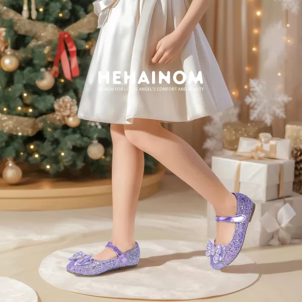 Hehainom Toddler Dress Shoes Mary Jane Ballet Flats Sparkly Bow Little Kid Girls Wedding Party ShoesPurple Sequin