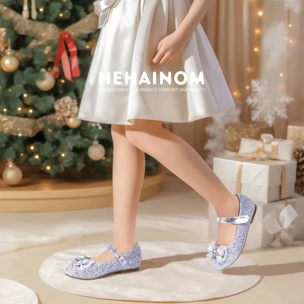 Hehainom Toddler Dress Shoes Mary Jane Ballet Flats Sparkly Bow Little Kid Girls Wedding Party ShoesSilver Sequin