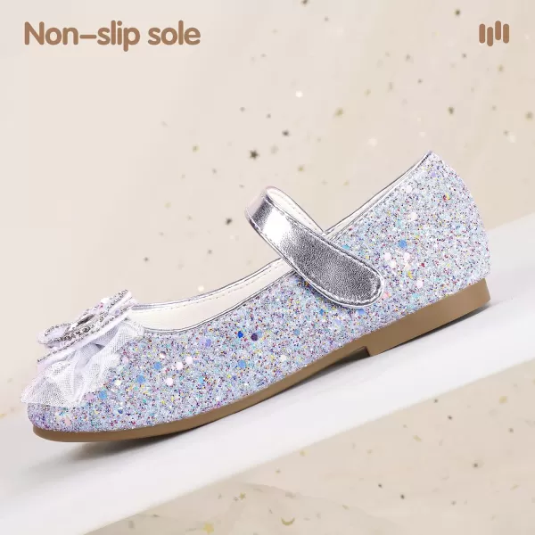 Hehainom Toddler Dress Shoes Mary Jane Ballet Flats Sparkly Bow Little Kid Girls Wedding Party ShoesSilver Sequin