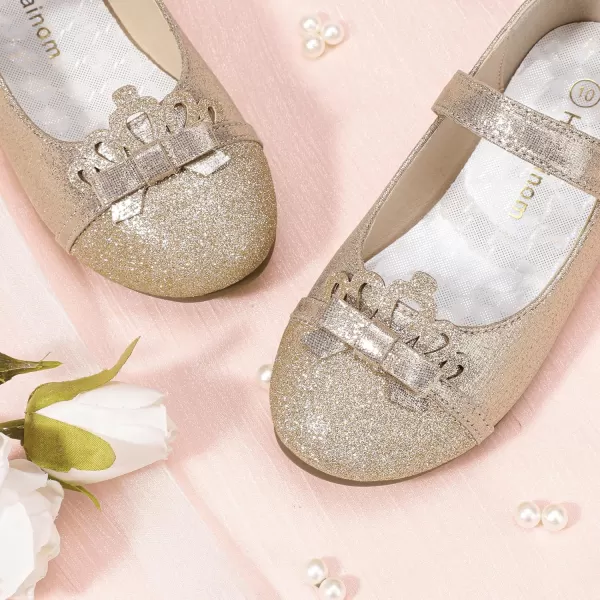 Hehainom Toddler Girls Dress Shoes Mary Jane Ballet Flats Flower Girl School Party Wedding Princess ShoesGold