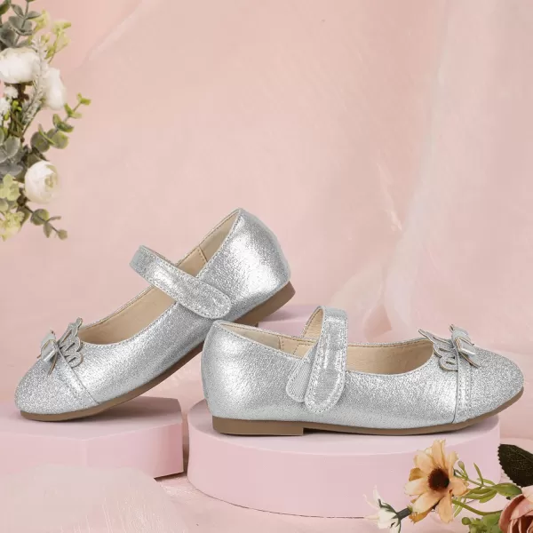 Hehainom Toddler Girls Dress Shoes Mary Jane Ballet Flats Flower Girl School Party Wedding Princess ShoesSilver