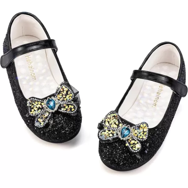 Hehainom Toddler Dress Shoes Mary Jane Ballet Flats Sparkly Bow Little Kid Girls Wedding Party ShoesBlack Sequin