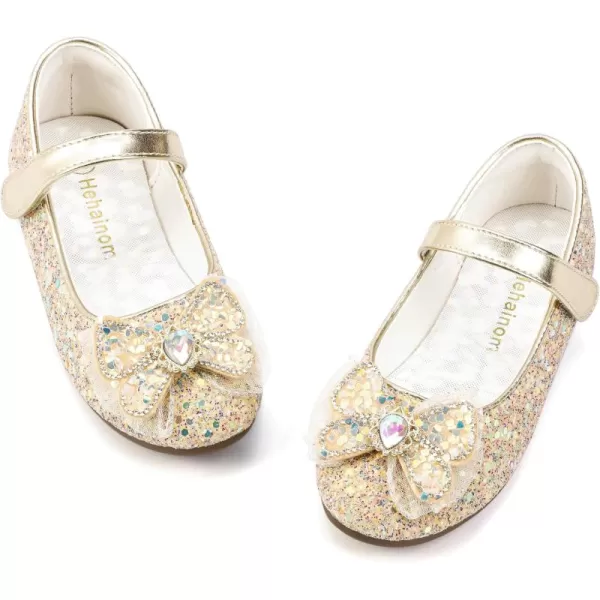 Hehainom Toddler Dress Shoes Mary Jane Ballet Flats Sparkly Bow Little Kid Girls Wedding Party ShoesGold Sequin