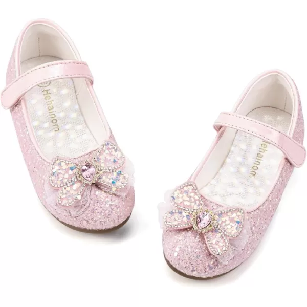 Hehainom Toddler Dress Shoes Mary Jane Ballet Flats Sparkly Bow Little Kid Girls Wedding Party ShoesPink Sequin