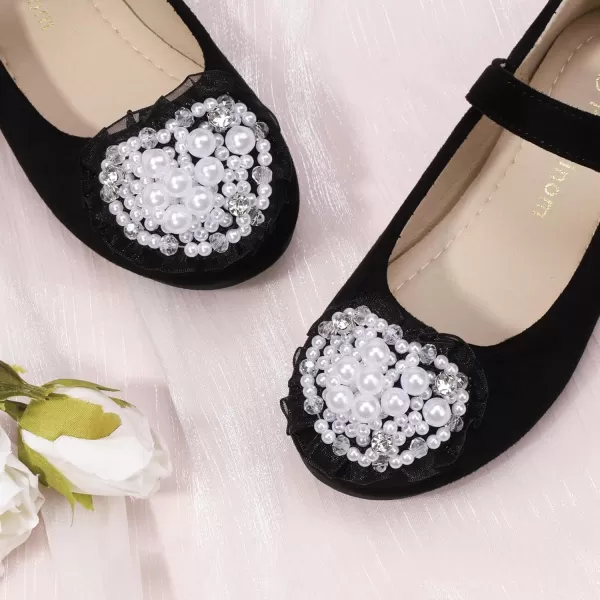 Hehainom Toddler Flower Girl Dress Shoes Rhinstones Pearls Mary Jane Ballet Flats Wedding Party Toddler Little Kid Princess ShoesBlacksuede