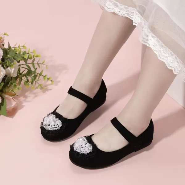 Hehainom Toddler Flower Girl Dress Shoes Rhinstones Pearls Mary Jane Ballet Flats Wedding Party Toddler Little Kid Princess ShoesBlacksuede